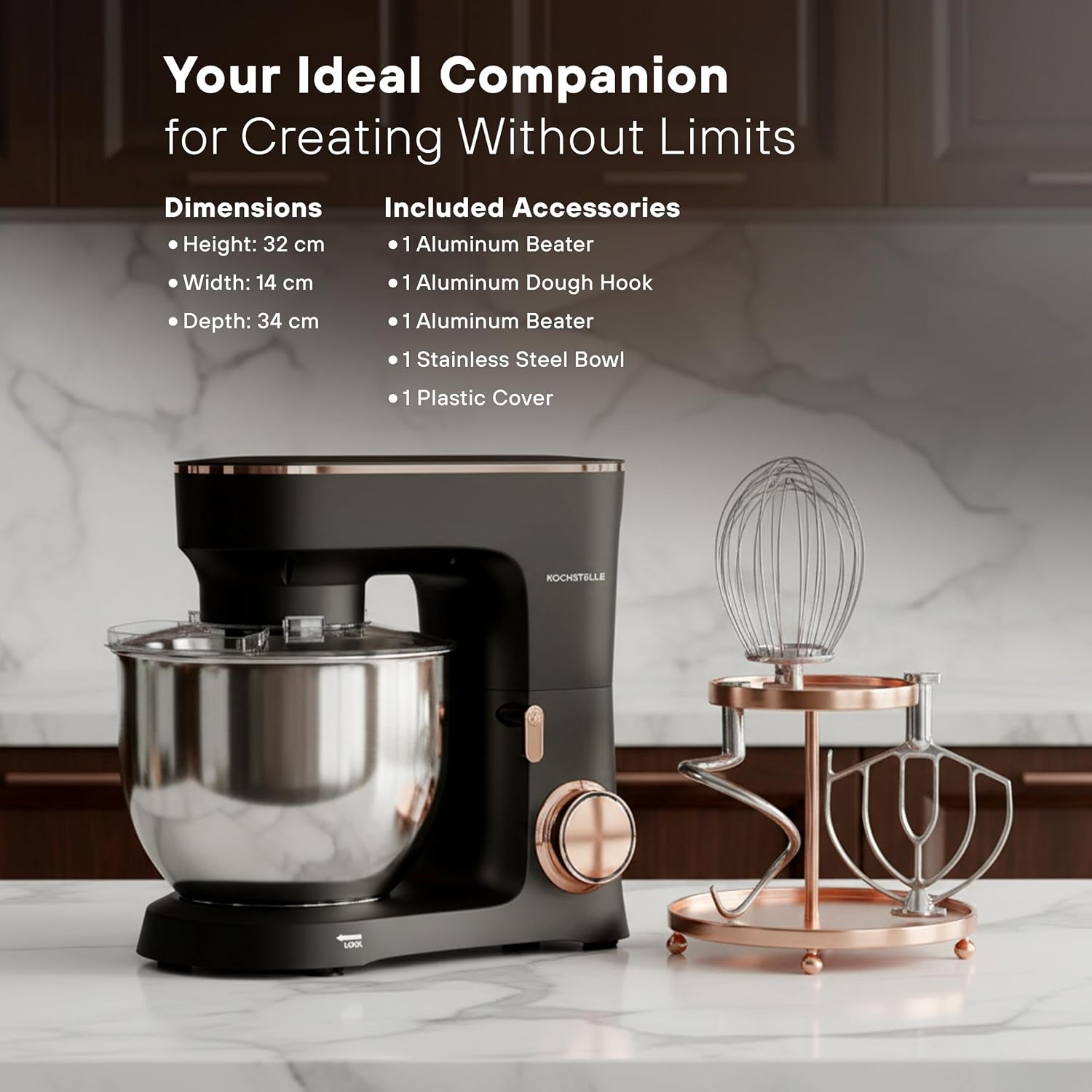 Black Electric Stand Mixer 6.8 Quart Qt, 660W, 6-Speed Adjustable, Stainless Steel Planetary, Portable, Compact & Elegant Kitchen Mixer for Baking & Cooking
