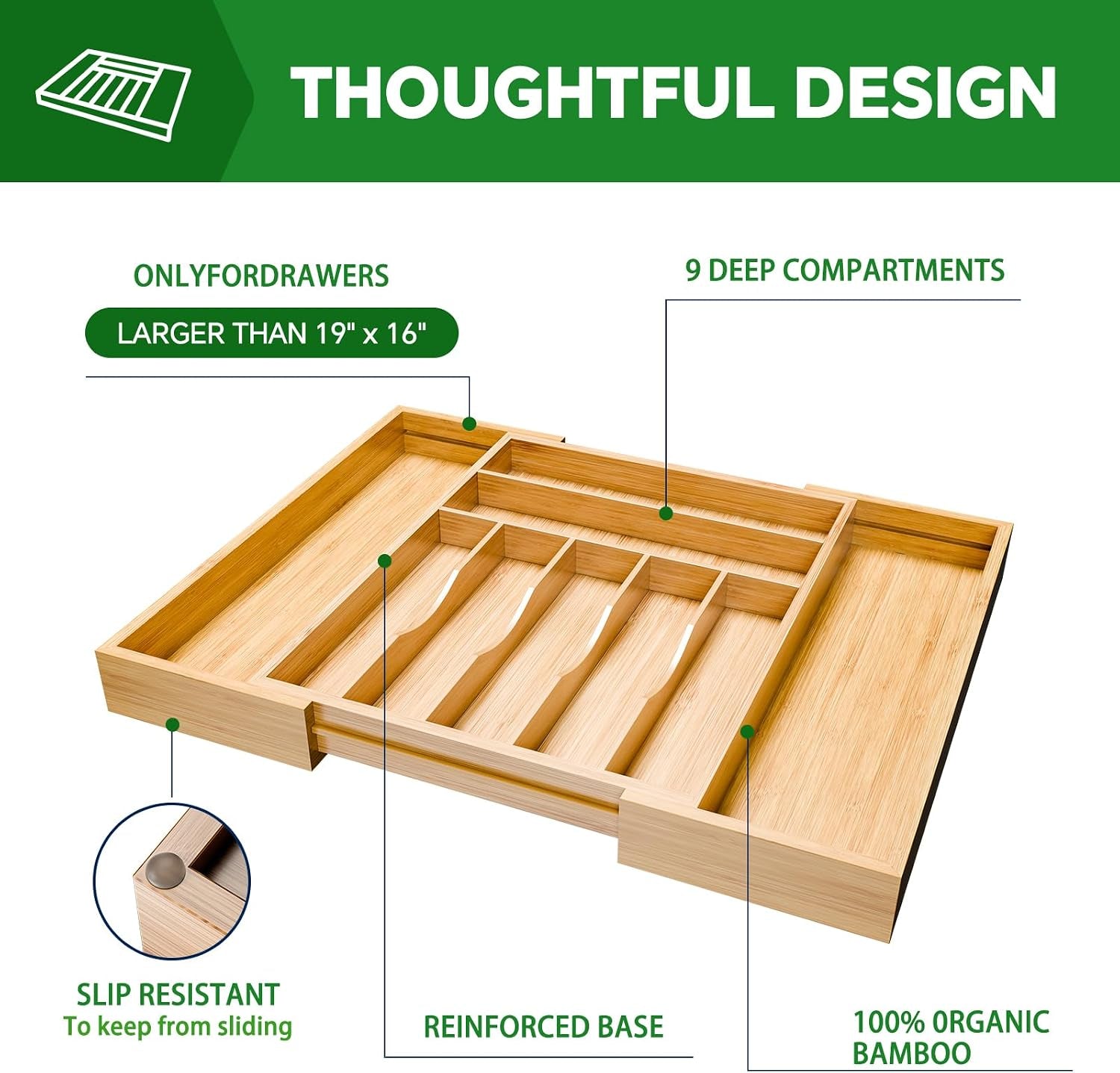 Bamboo Kitchen Drawer Organizer, Expandable Silverware Organizer, Utensil Cutlery Tray for Flatware, Natural