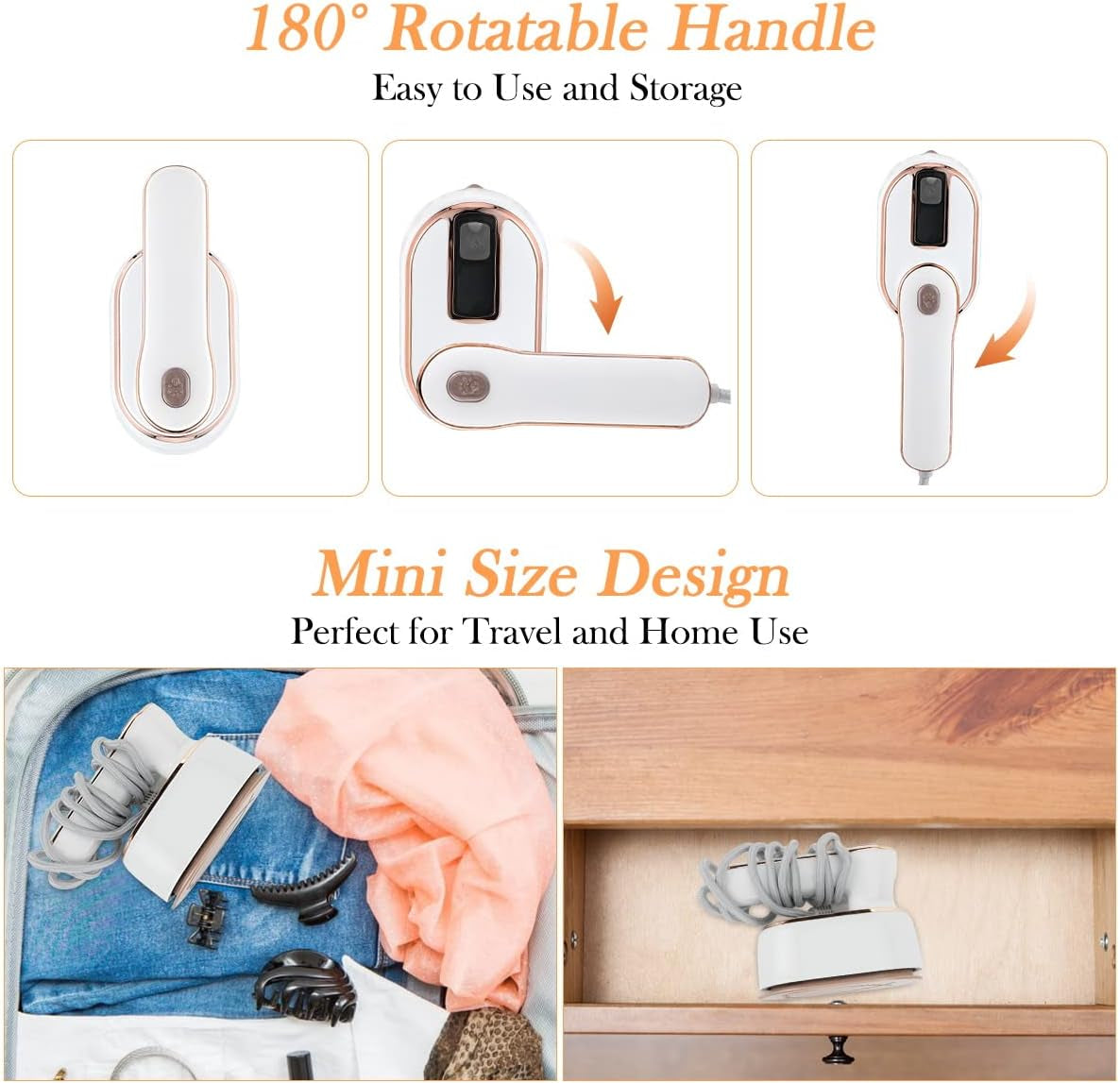 Mini Steam Iron for Clothes, Travel Steamer Clothes,180 Rotating Portable Iron,Micro Steam Iron Mini Handheld Support Dry and Wet Ironing Home College, White