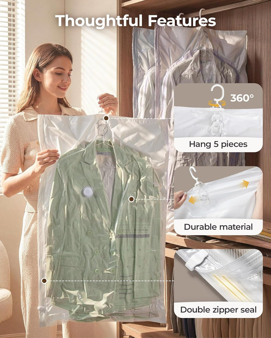 4 Pack Hanging Vacuum Storage Bags for Clothes, Space Saver Bags for Closet Organization, Air-Tight Vacuum Sealer Bags for Heavy Coats, Suits, Dresses, Jackets, Hand Pump Included