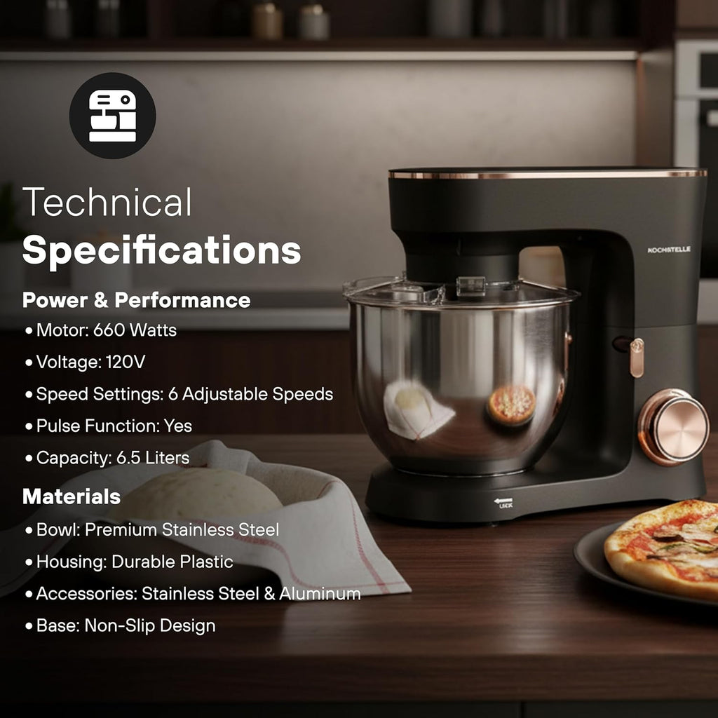 Black Electric Stand Mixer 6.8 Quart Qt, 660W, 6-Speed Adjustable, Stainless Steel Planetary, Portable, Compact & Elegant Kitchen Mixer for Baking & Cooking