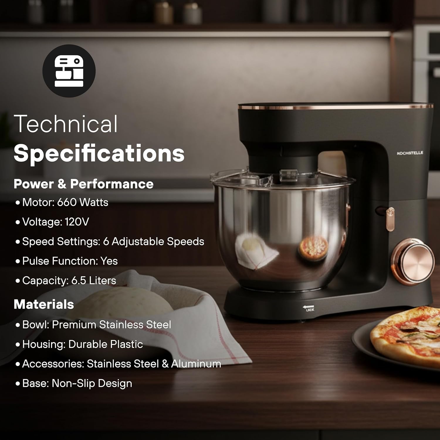 Black Electric Stand Mixer 6.8 Quart Qt, 660W, 6-Speed Adjustable, Stainless Steel Planetary, Portable, Compact & Elegant Kitchen Mixer for Baking & Cooking
