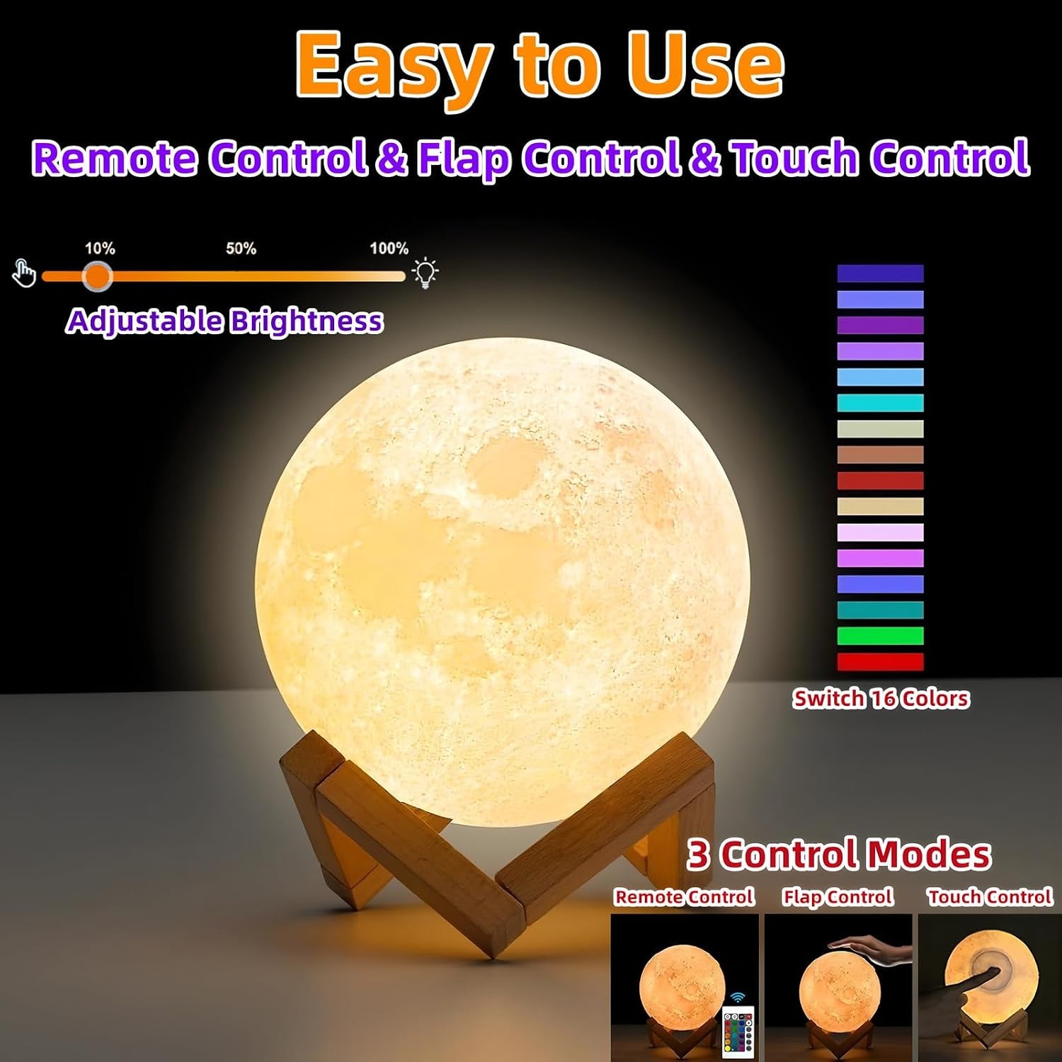 Moon Lamp-3D Moon Night Light for Kids Bedroom,Rechargeable 16 Colors Globe Nightlight,Remote/Touch/Flap Control Ambient Lighting Girls Boys Birthday Gifts for Home Living Room Decor(4.8 Inch)
