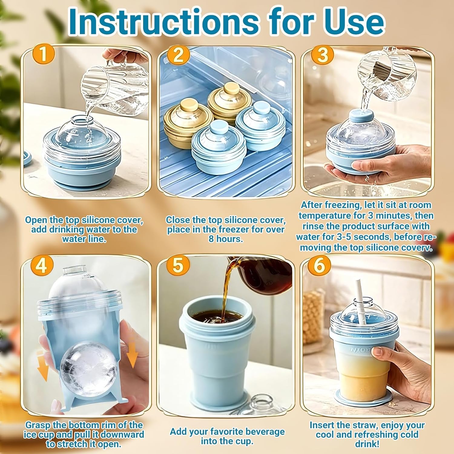 2-In-1 Collapsible Silicone Ice Ball Maker Cup Reusable Portable Foldable Ice Hockey with Straw & Lid Easy Demolding Leakproof for Juice Home Whiskey Iced Coffee Gym Travel Outdoor (Blue(1Pc))