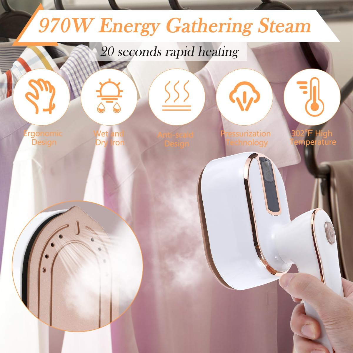 Mini Steam Iron for Clothes, Travel Steamer Clothes,180 Rotating Portable Iron,Micro Steam Iron Mini Handheld Support Dry and Wet Ironing Home College, White