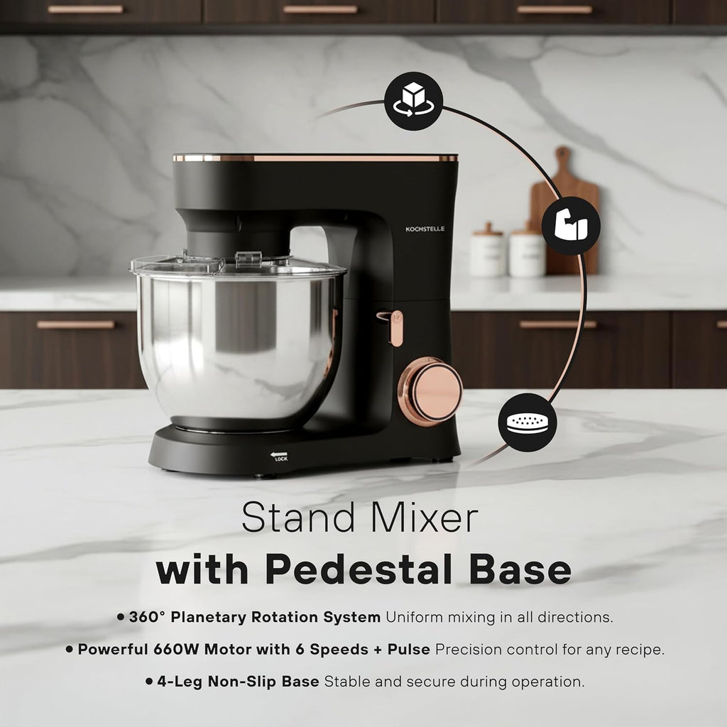 Black Electric Stand Mixer 6.8 Quart Qt, 660W, 6-Speed Adjustable, Stainless Steel Planetary, Portable, Compact & Elegant Kitchen Mixer for Baking & Cooking