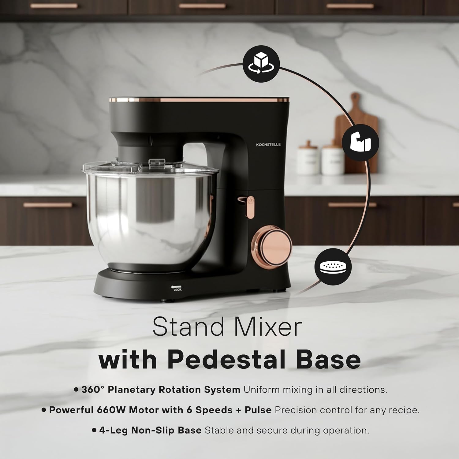 Black Electric Stand Mixer 6.8 Quart Qt, 660W, 6-Speed Adjustable, Stainless Steel Planetary, Portable, Compact & Elegant Kitchen Mixer for Baking & Cooking