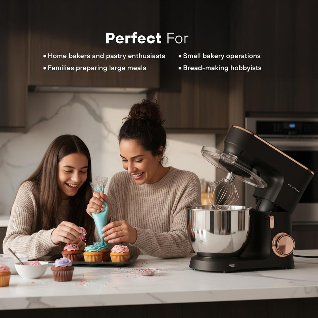 Black Electric Stand Mixer 6.8 Quart Qt, 660W, 6-Speed Adjustable, Stainless Steel Planetary, Portable, Compact & Elegant Kitchen Mixer for Baking & Cooking