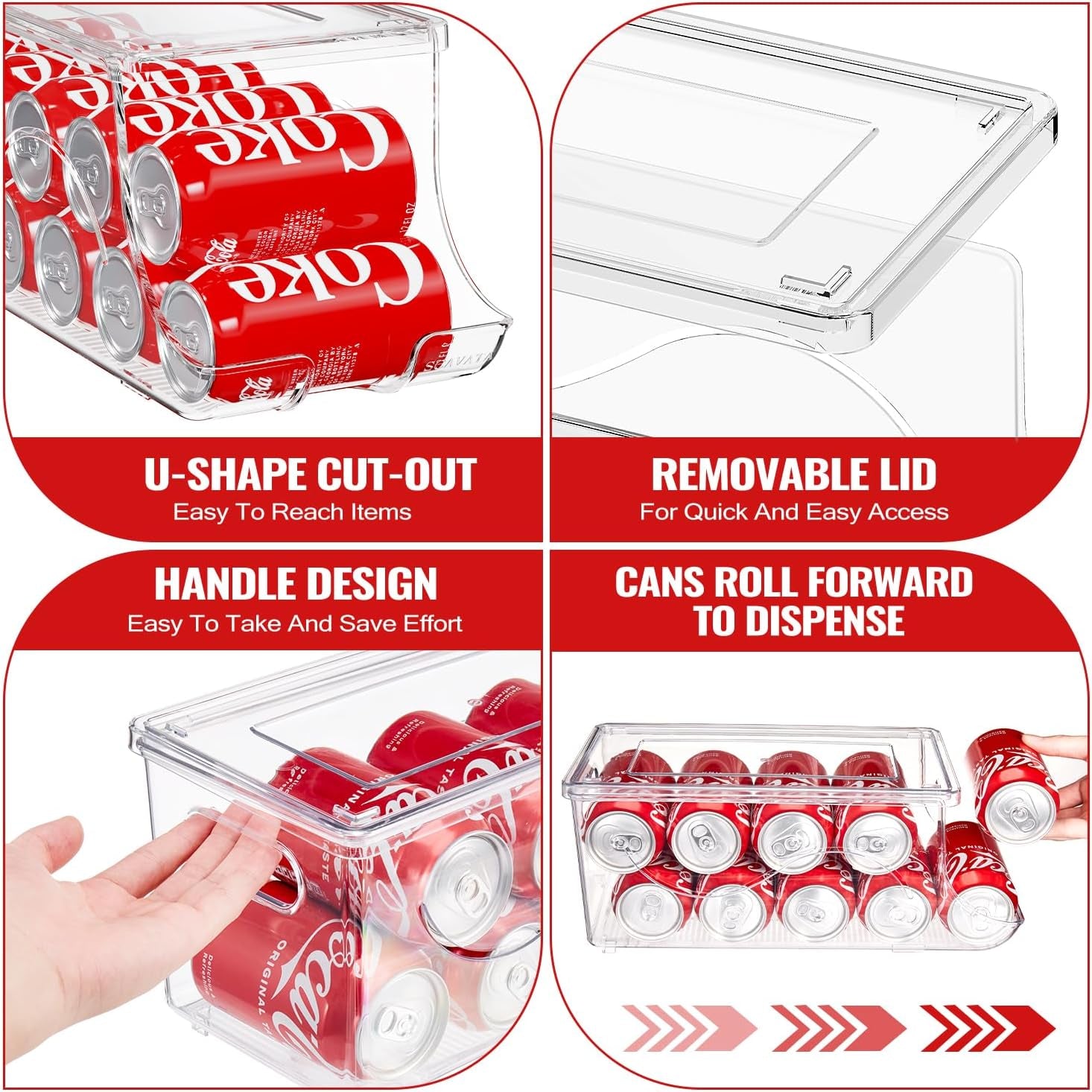 2 Pack Stackable Refrigerator Organizer, Soda Can Dispenser Pop Cans Container Beverage Holder with Lid for Fridge, Freezer, Kitchen, Clear Plastic Storage Bins-Holds 10 Cans Each