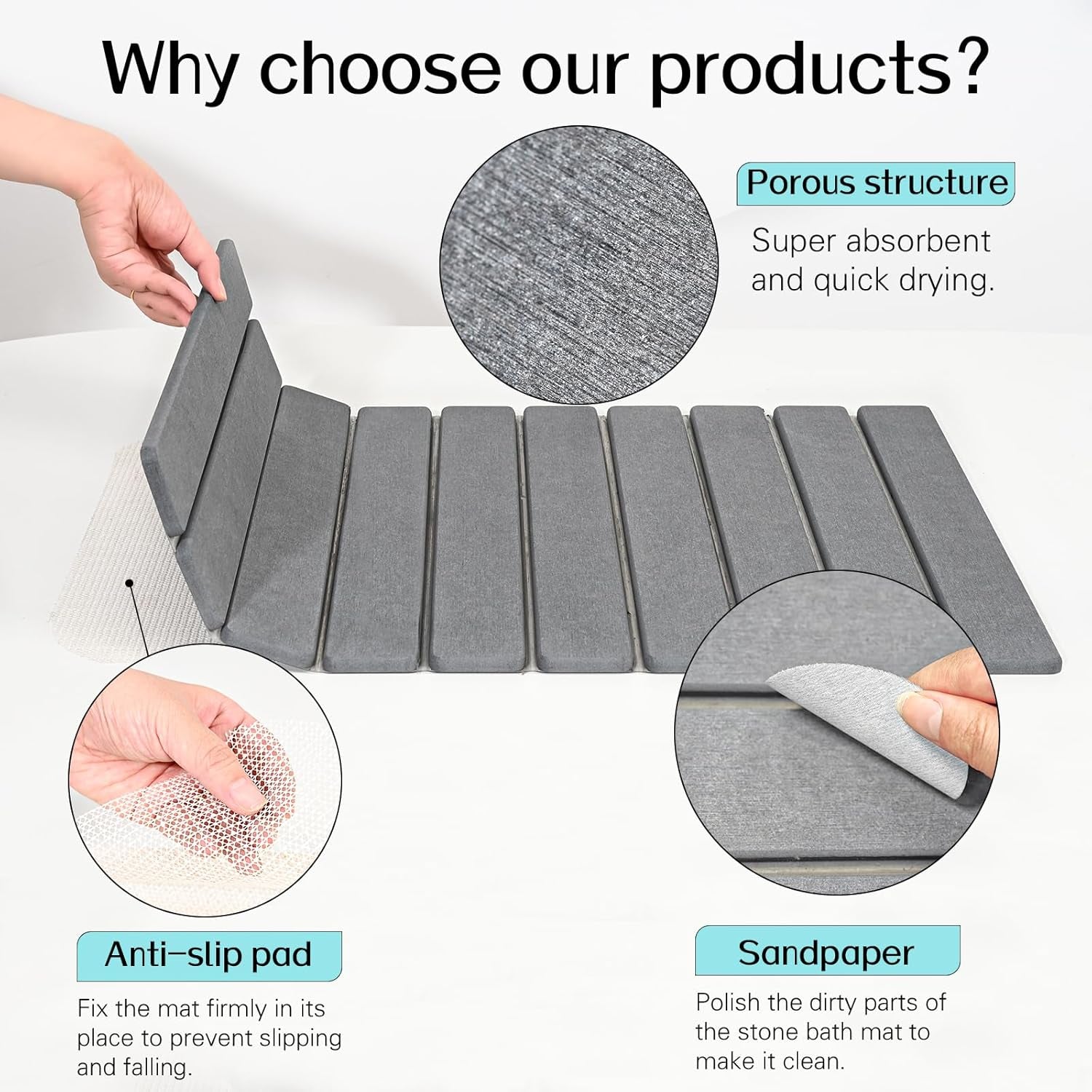 Foldable Stone Bath Mats for Bathroom Super Absorbent Diatomaceous Earth Bath Mat Quick Dry Bath Rug Drying Mats with Non Slip Shower Rug Tub Shower Mat