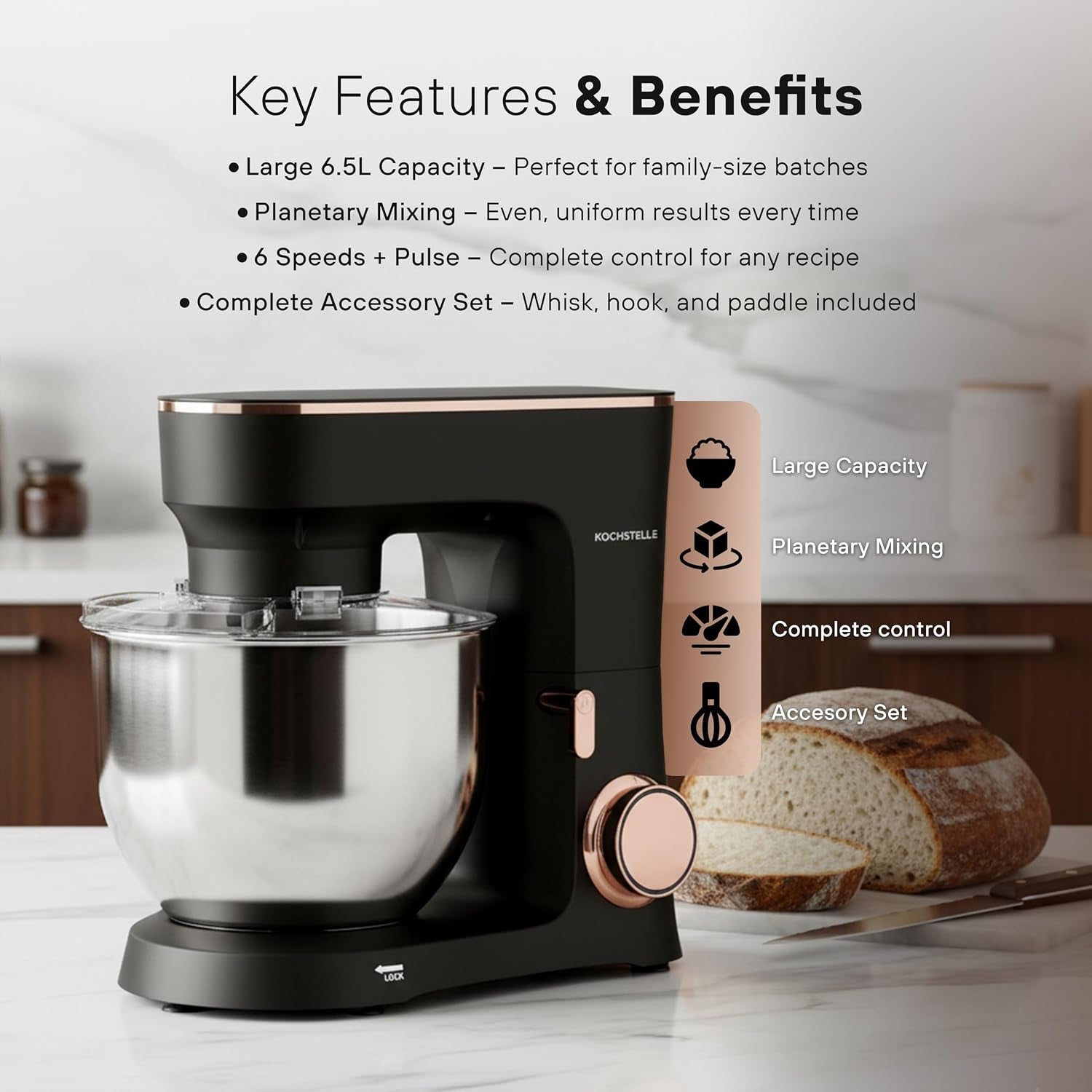 Black Electric Stand Mixer 6.8 Quart Qt, 660W, 6-Speed Adjustable, Stainless Steel Planetary, Portable, Compact & Elegant Kitchen Mixer for Baking & Cooking