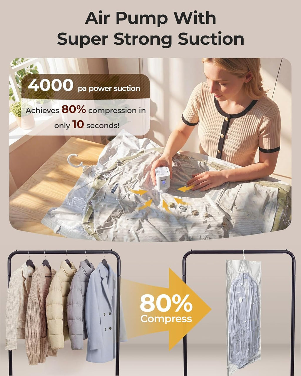 4 Pack Hanging Vacuum Storage Bags for Clothes, Space Saver Bags for Closet Organization, Air-Tight Vacuum Sealer Bags for Heavy Coats, Suits, Dresses, Jackets, Hand Pump Included