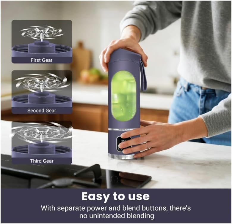 Portable Blender, 12-Blade Cordless Smoothie Maker, 15.2Oz with Ice Crush Power, USB-C Rechargeable, Leakproof, Bpa-Free, Self-Cleaning for Shakes, Protein, Juices, Frozen Fruit (Purple, 7.4V)