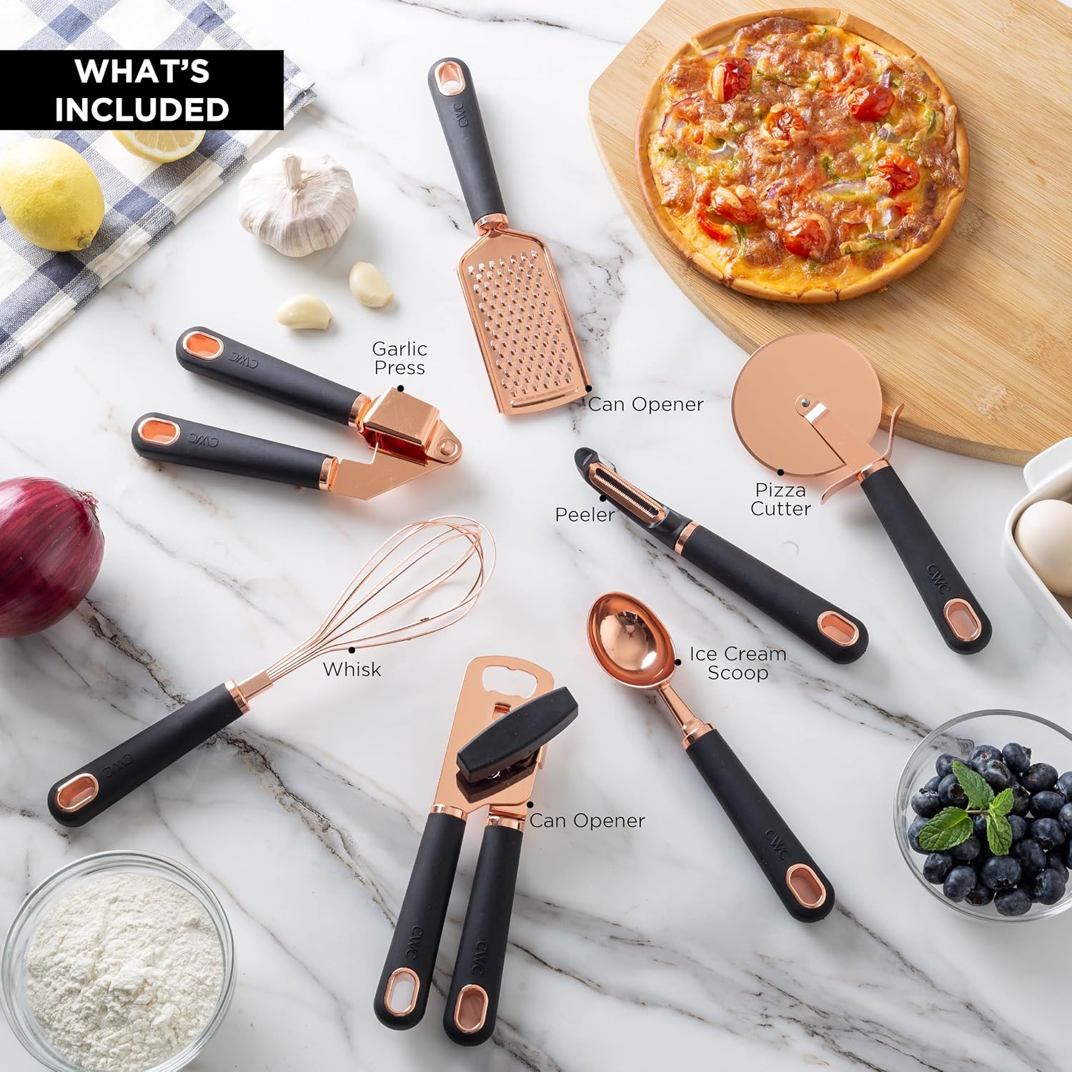 Kitchen Gadget Set Copper Plated Stainless Steel Utensils with Soft Touch Handles, Copper Grey, 7 Pieces