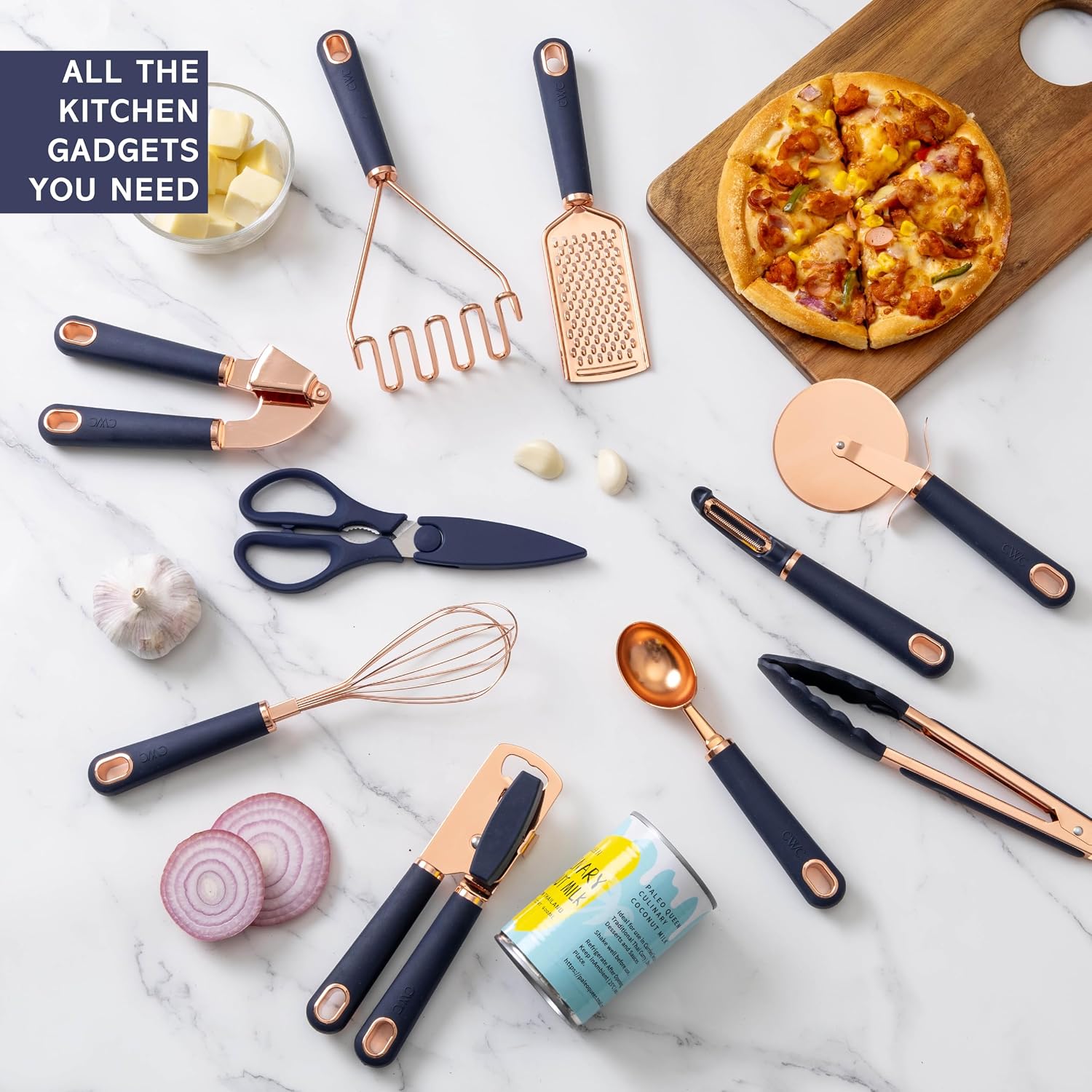 Kitchen Gadget Set Copper Plated Stainless Steel Utensils with Soft Touch Handles, Copper Black, 10 Pieces