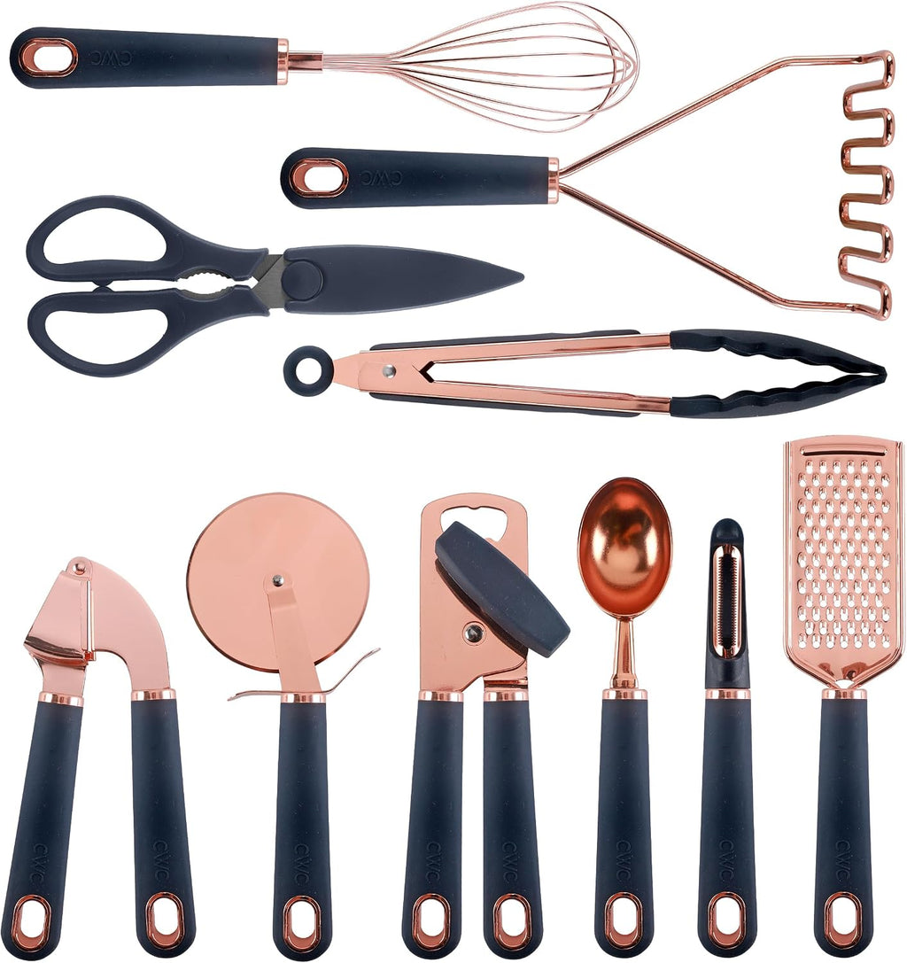 Kitchen Gadget Set Copper Plated Stainless Steel Utensils with Soft Touch Handles, Copper Black, 10 Pieces
