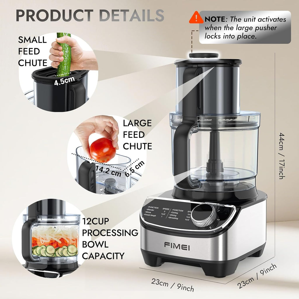 12-Cup Food Processor and Vegetable Chopper, 600W Electric Food Chopper for Slicing, Shredding, Chopping, Pureeing, Dough, Baby Food Maker, Large Feed Chute, Dishwasher Safe Bowl