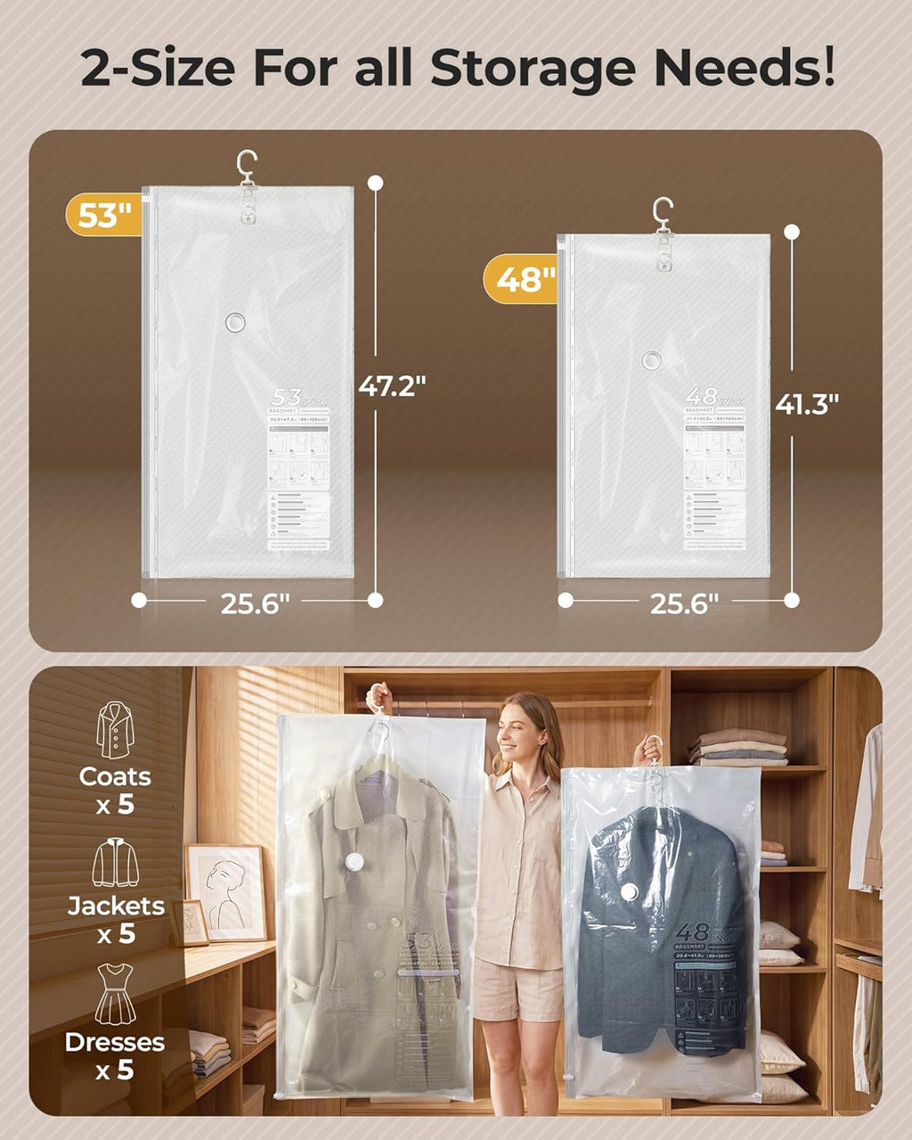 4 Pack Hanging Vacuum Storage Bags for Clothes, Space Saver Bags for Closet Organization, Air-Tight Vacuum Sealer Bags for Heavy Coats, Suits, Dresses, Jackets, Hand Pump Included