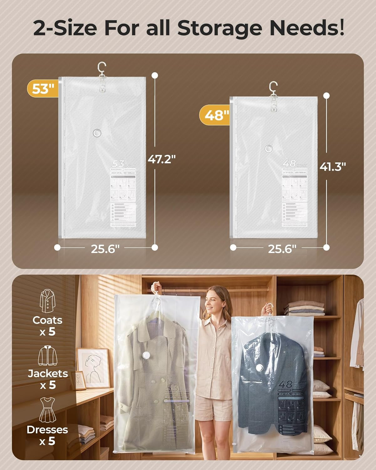 4 Pack Hanging Vacuum Storage Bags for Clothes, Space Saver Bags for Closet Organization, Air-Tight Vacuum Sealer Bags for Heavy Coats, Suits, Dresses, Jackets, Hand Pump Included