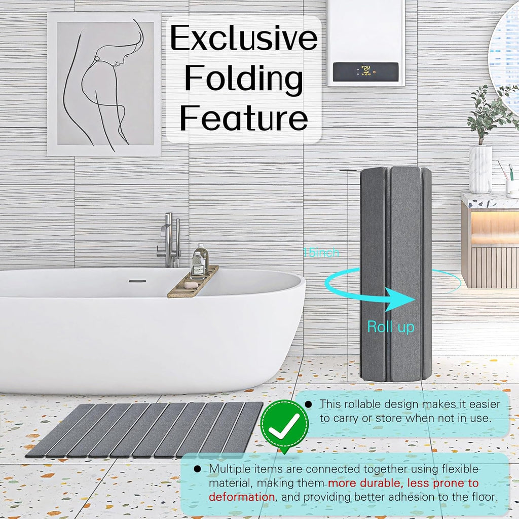 Foldable Stone Bath Mats for Bathroom Super Absorbent Diatomaceous Earth Bath Mat Quick Dry Bath Rug Drying Mats with Non Slip Shower Rug Tub Shower Mat