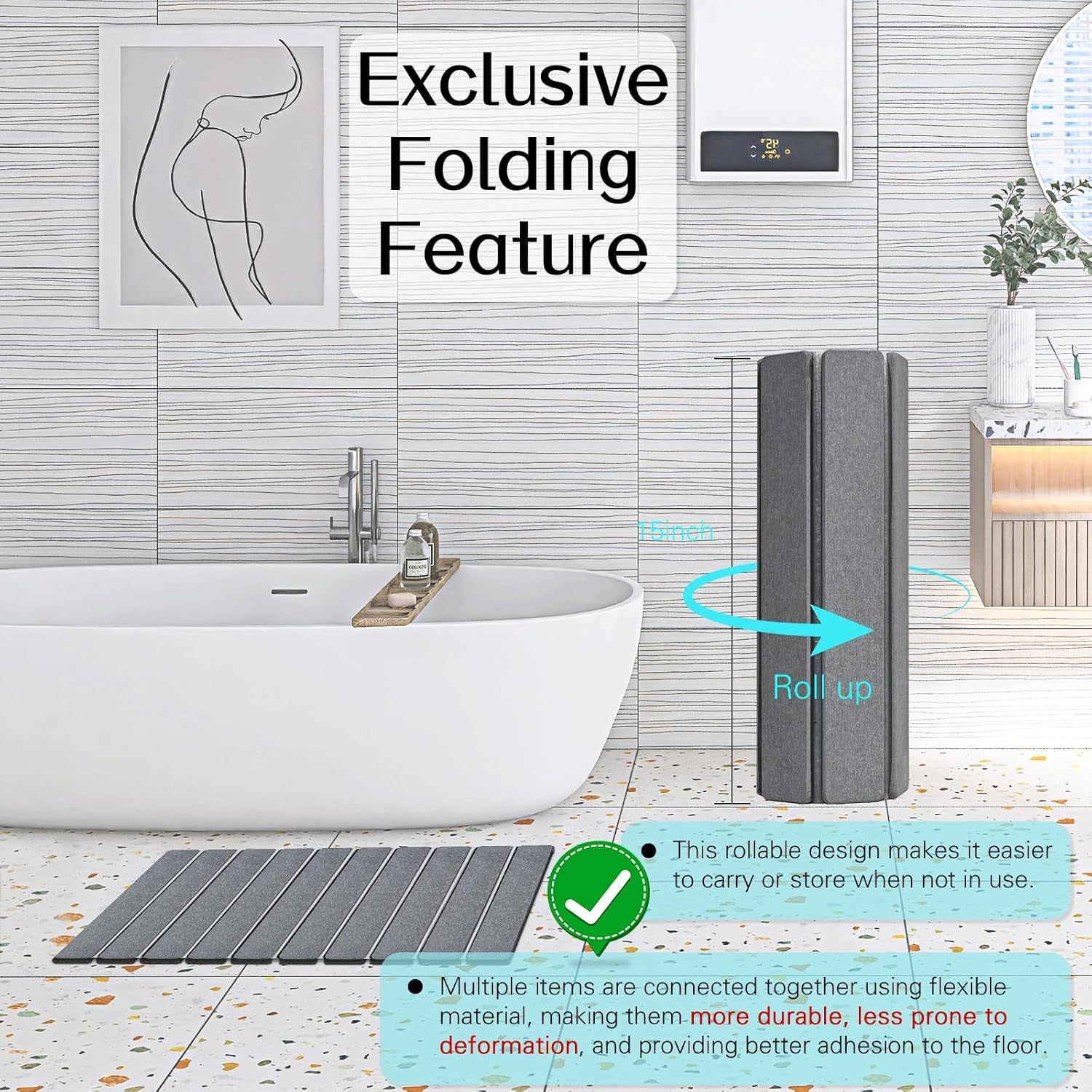 Foldable Stone Bath Mats for Bathroom Super Absorbent Diatomaceous Earth Bath Mat Quick Dry Bath Rug Drying Mats with Non Slip Shower Rug Tub Shower Mat