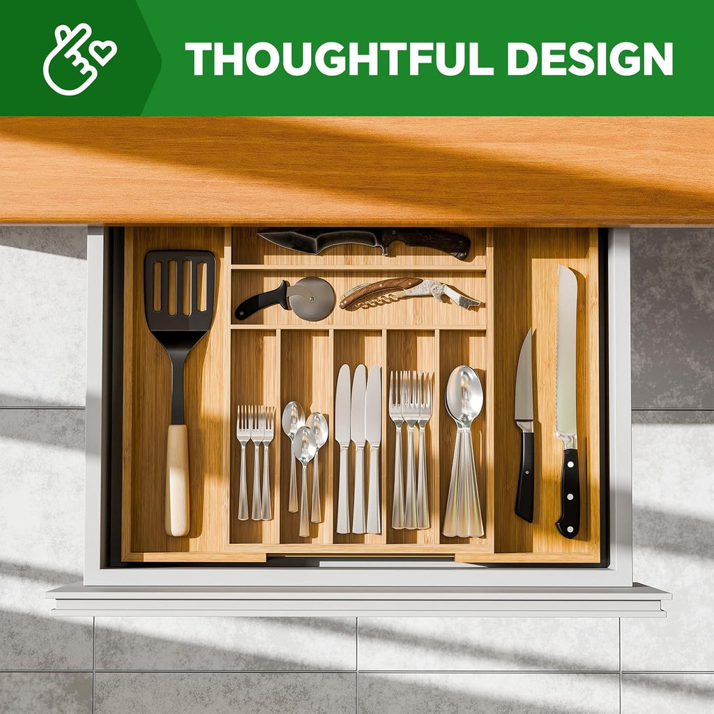 Bamboo Kitchen Drawer Organizer, Expandable Silverware Organizer, Utensil Cutlery Tray for Flatware, Natural