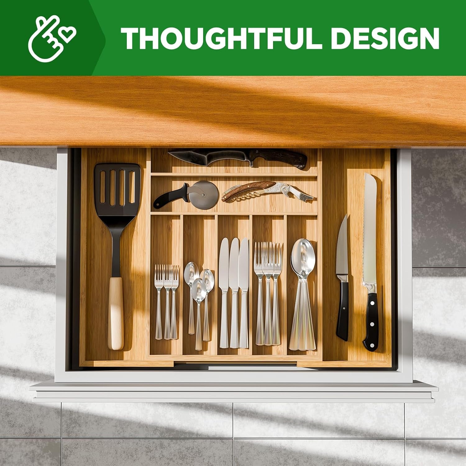 Bamboo Kitchen Drawer Organizer, Expandable Silverware Organizer, Utensil Cutlery Tray for Flatware, Natural