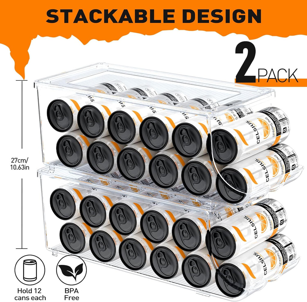 2 Pack Skinny Can Organizer for Refrigerator, Stackable Tall Skinny Soda Pop Can Holder Dispenser with Lid for Fridge Pantry Rack Freezer, Clear Plastic Storage Bins-Holds 12 Slim Cans Each