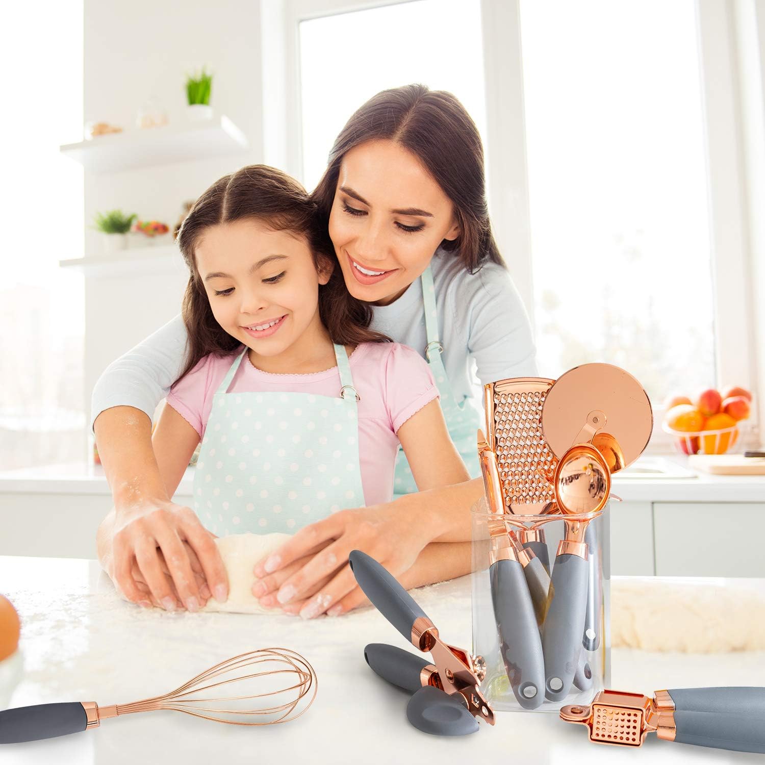 Kitchen Gadget Set Copper Plated Stainless Steel Utensils with Soft Touch Handles, Copper Grey, 7 Pieces