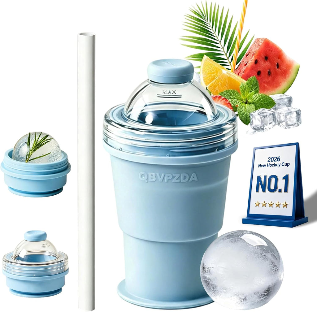 2-In-1 Collapsible Silicone Ice Ball Maker Cup Reusable Portable Foldable Ice Hockey with Straw & Lid Easy Demolding Leakproof for Juice Home Whiskey Iced Coffee Gym Travel Outdoor (Blue(1Pc))
