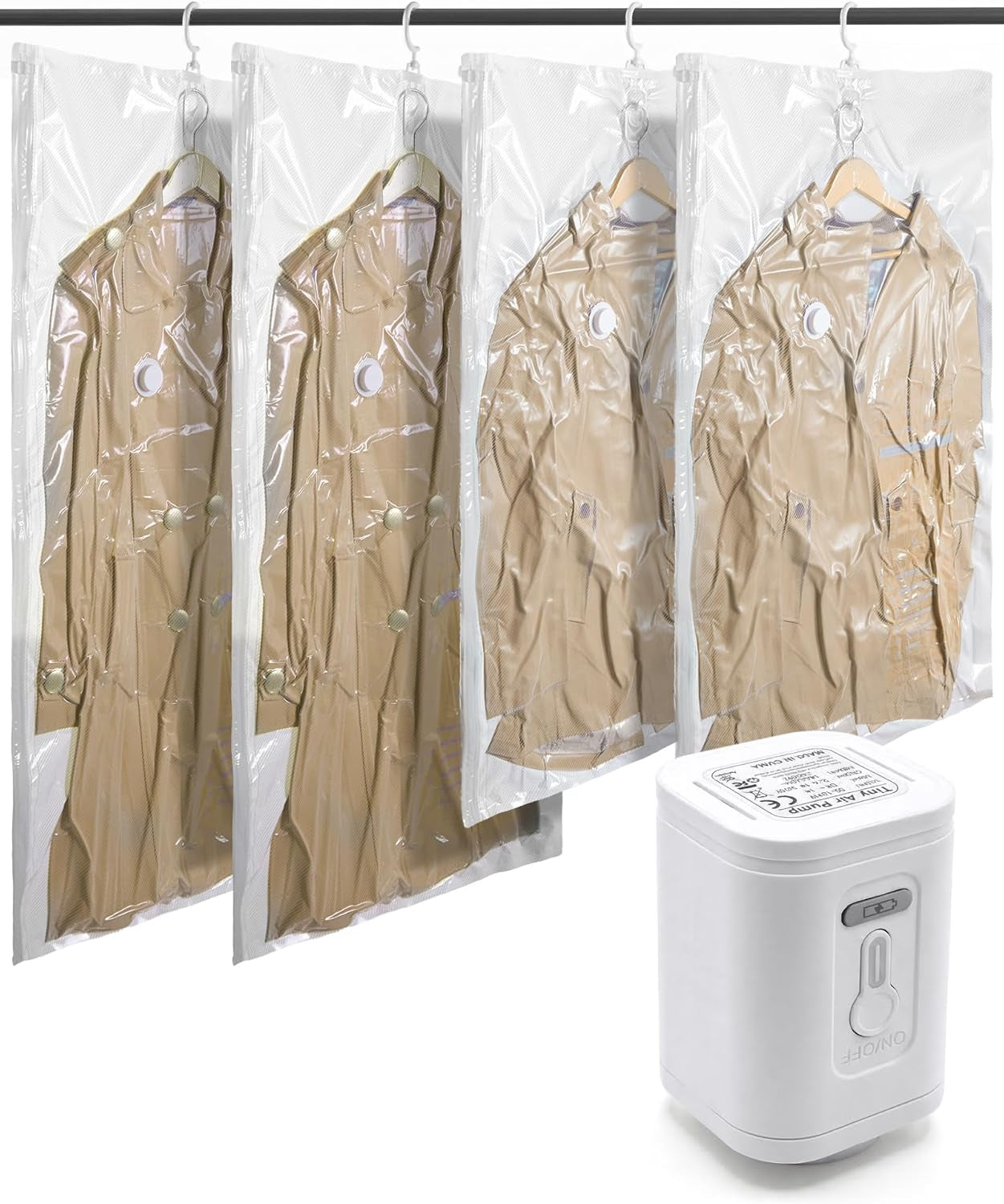 4 Pack Hanging Vacuum Storage Bags for Clothes, Space Saver Bags for Closet Organization, Air-Tight Vacuum Sealer Bags for Heavy Coats, Suits, Dresses, Jackets, Hand Pump Included