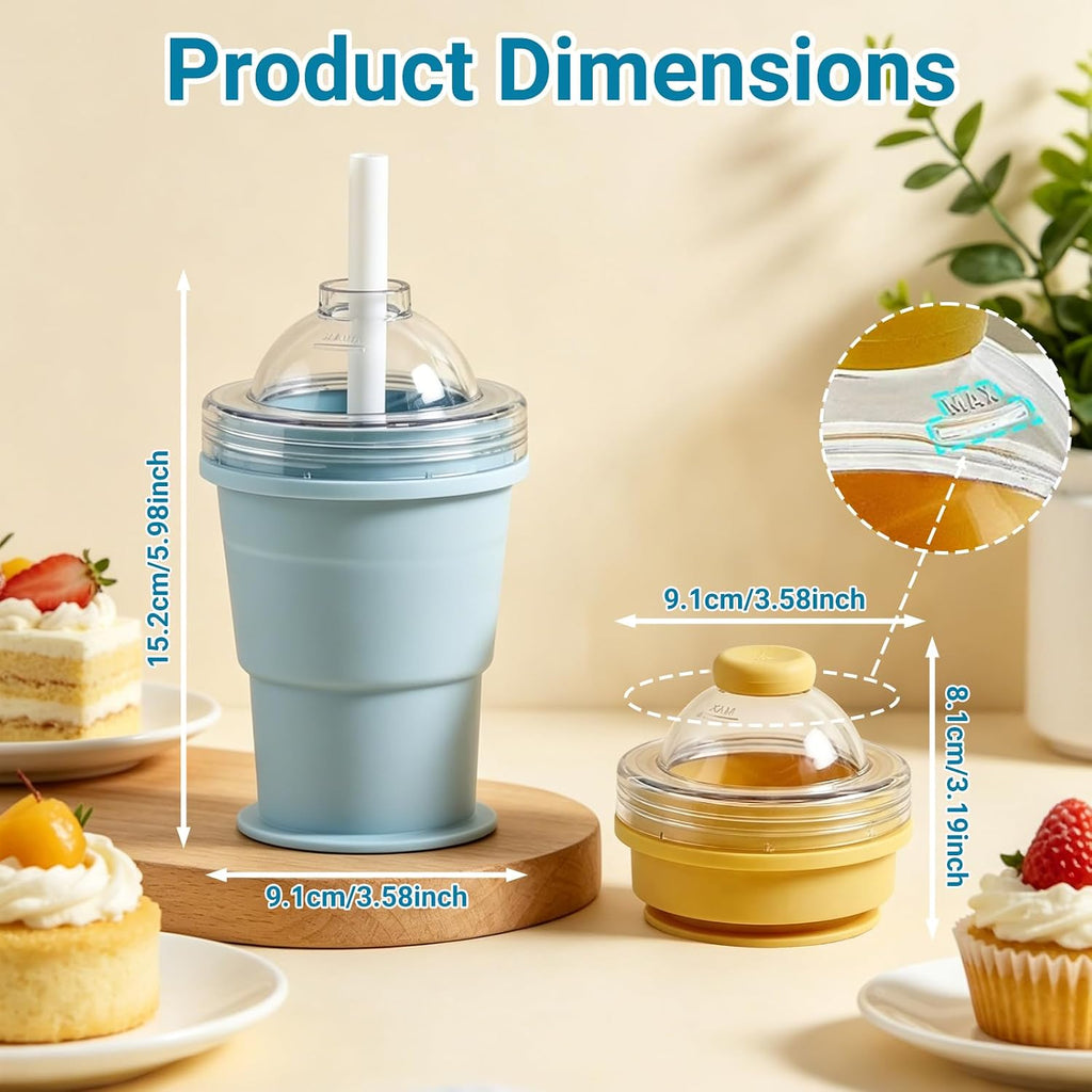 2-In-1 Collapsible Silicone Ice Ball Maker Cup Reusable Portable Foldable Ice Hockey with Straw & Lid Easy Demolding Leakproof for Juice Home Whiskey Iced Coffee Gym Travel Outdoor (Blue(1Pc))