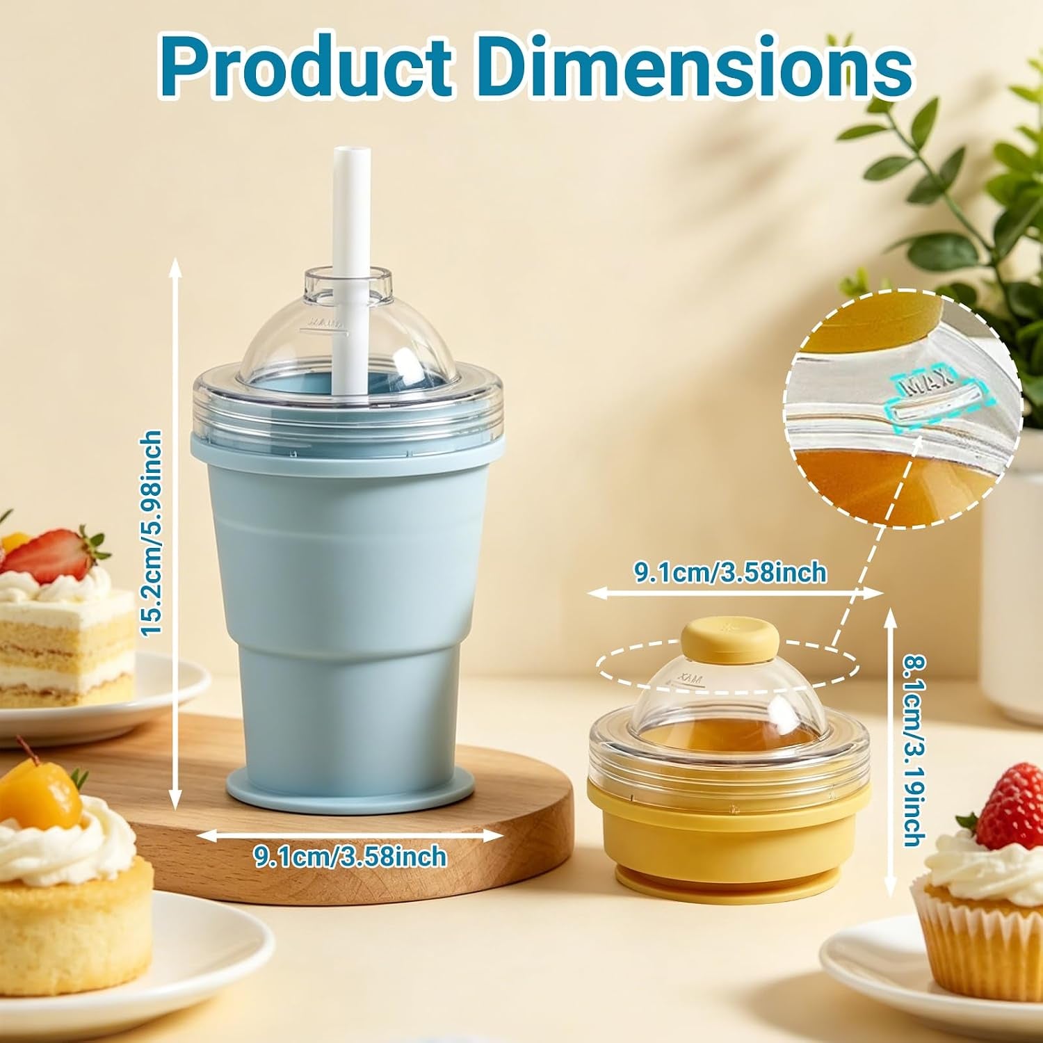 2-In-1 Collapsible Silicone Ice Ball Maker Cup Reusable Portable Foldable Ice Hockey with Straw & Lid Easy Demolding Leakproof for Juice Home Whiskey Iced Coffee Gym Travel Outdoor (Blue(1Pc))