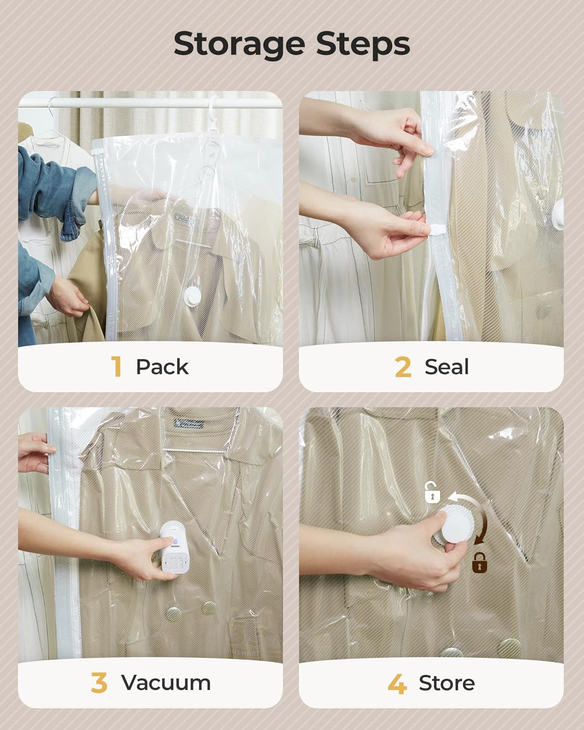 4 Pack Hanging Vacuum Storage Bags for Clothes, Space Saver Bags for Closet Organization, Air-Tight Vacuum Sealer Bags for Heavy Coats, Suits, Dresses, Jackets, Hand Pump Included