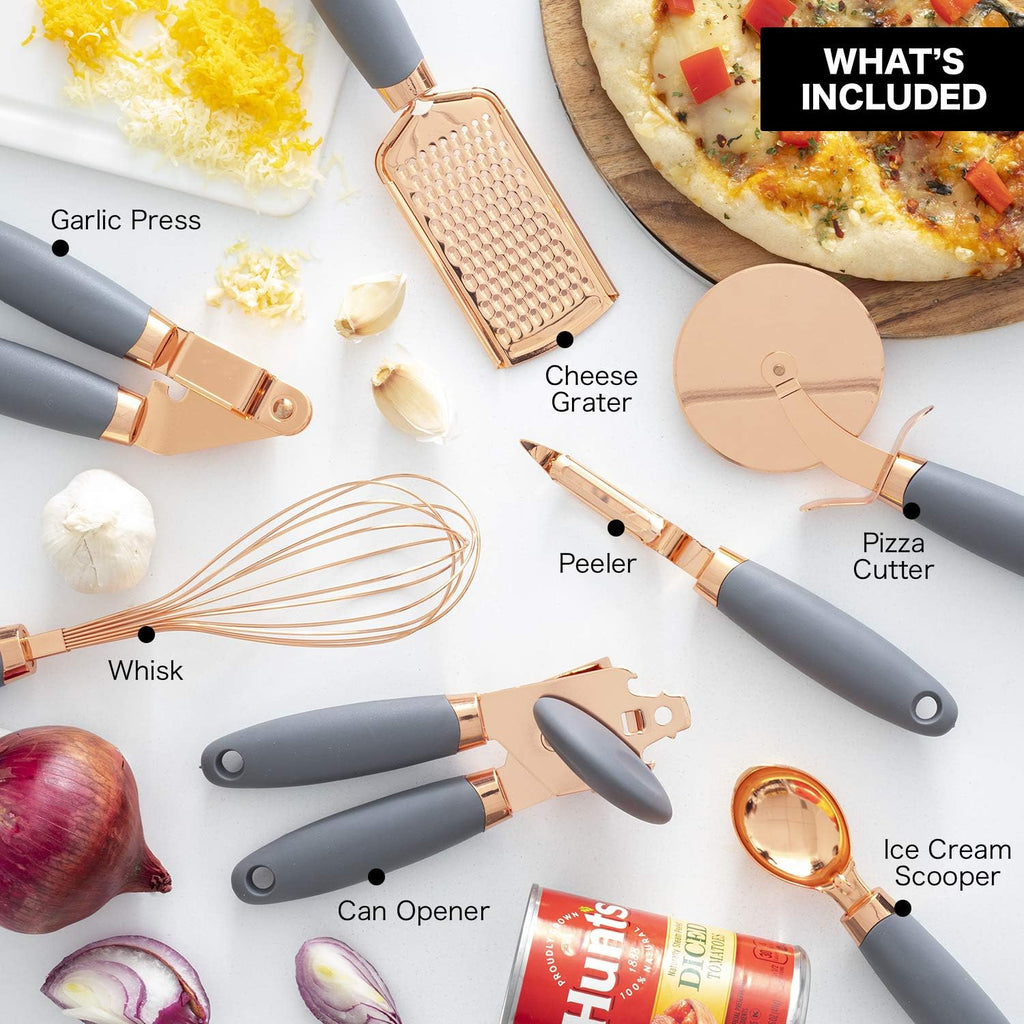 Kitchen Gadget Set Copper Plated Stainless Steel Utensils with Soft Touch Handles, Copper Grey, 7 Pieces
