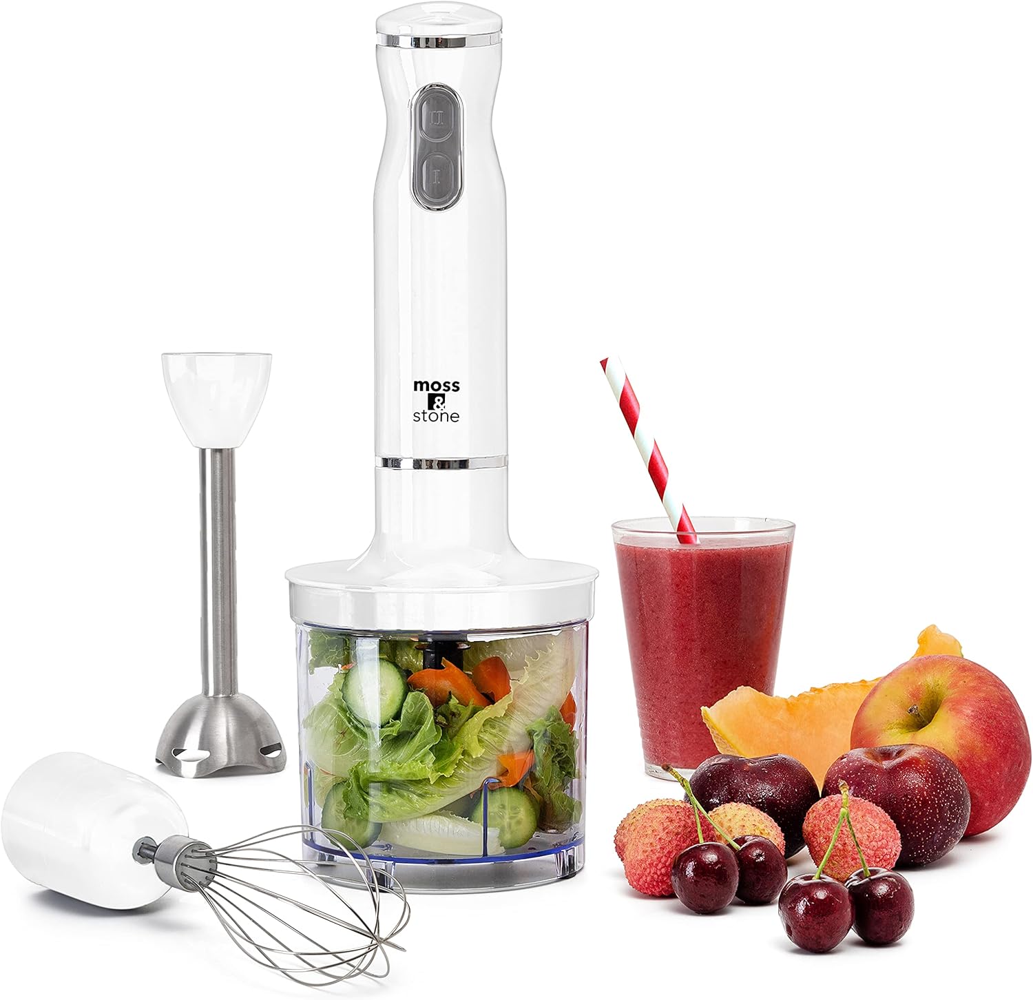 Electric Hand Blender Set, 300W Immersion Hand Blender with Whisk and Chopper, Stainless Steel Shaft and Blades, 2-Speed Handheld Mixer with Ergonomic Grip, Black