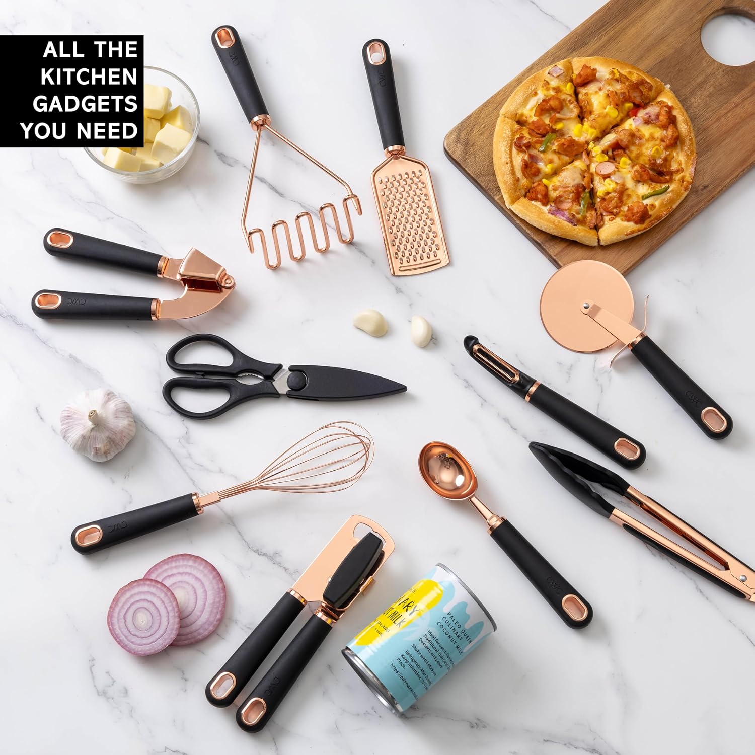 Kitchen Gadget Set Copper Plated Stainless Steel Utensils with Soft Touch Handles, Copper Black, 10 Pieces