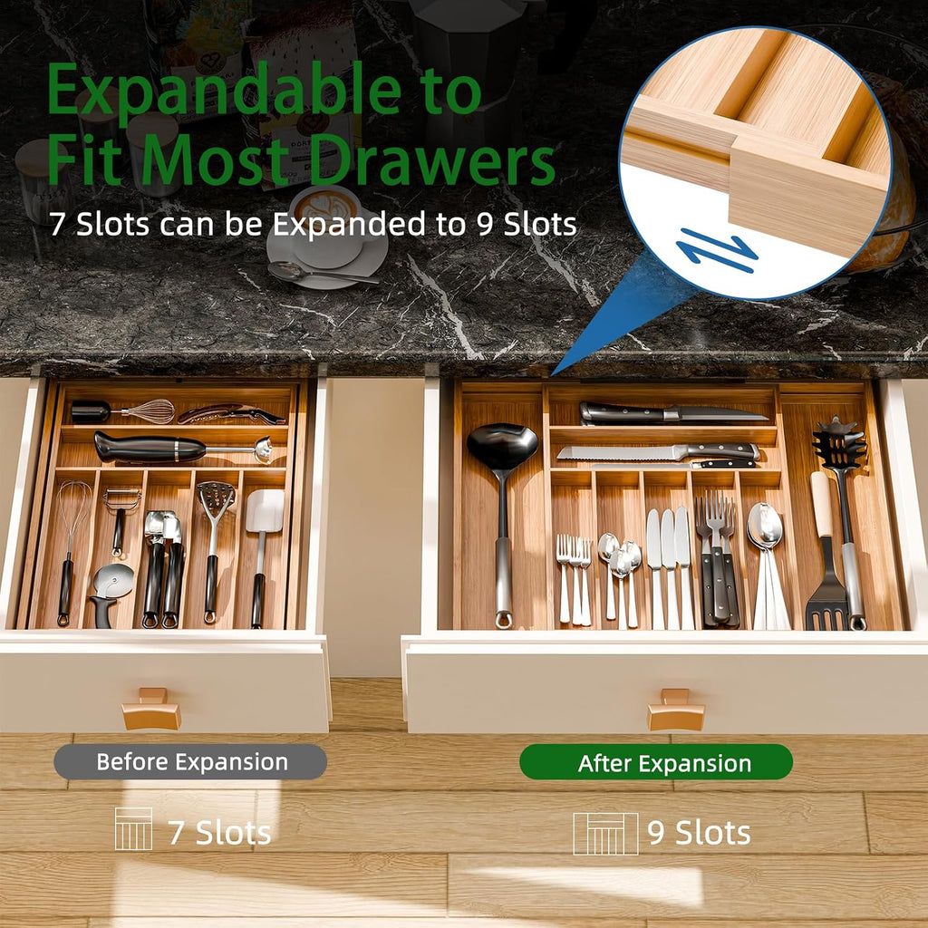 Bamboo Kitchen Drawer Organizer, Expandable Silverware Organizer, Utensil Cutlery Tray for Flatware, Natural