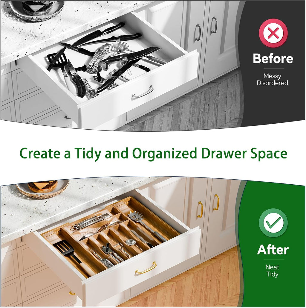 Bamboo Kitchen Drawer Organizer, Expandable Silverware Organizer, Utensil Cutlery Tray for Flatware, Natural