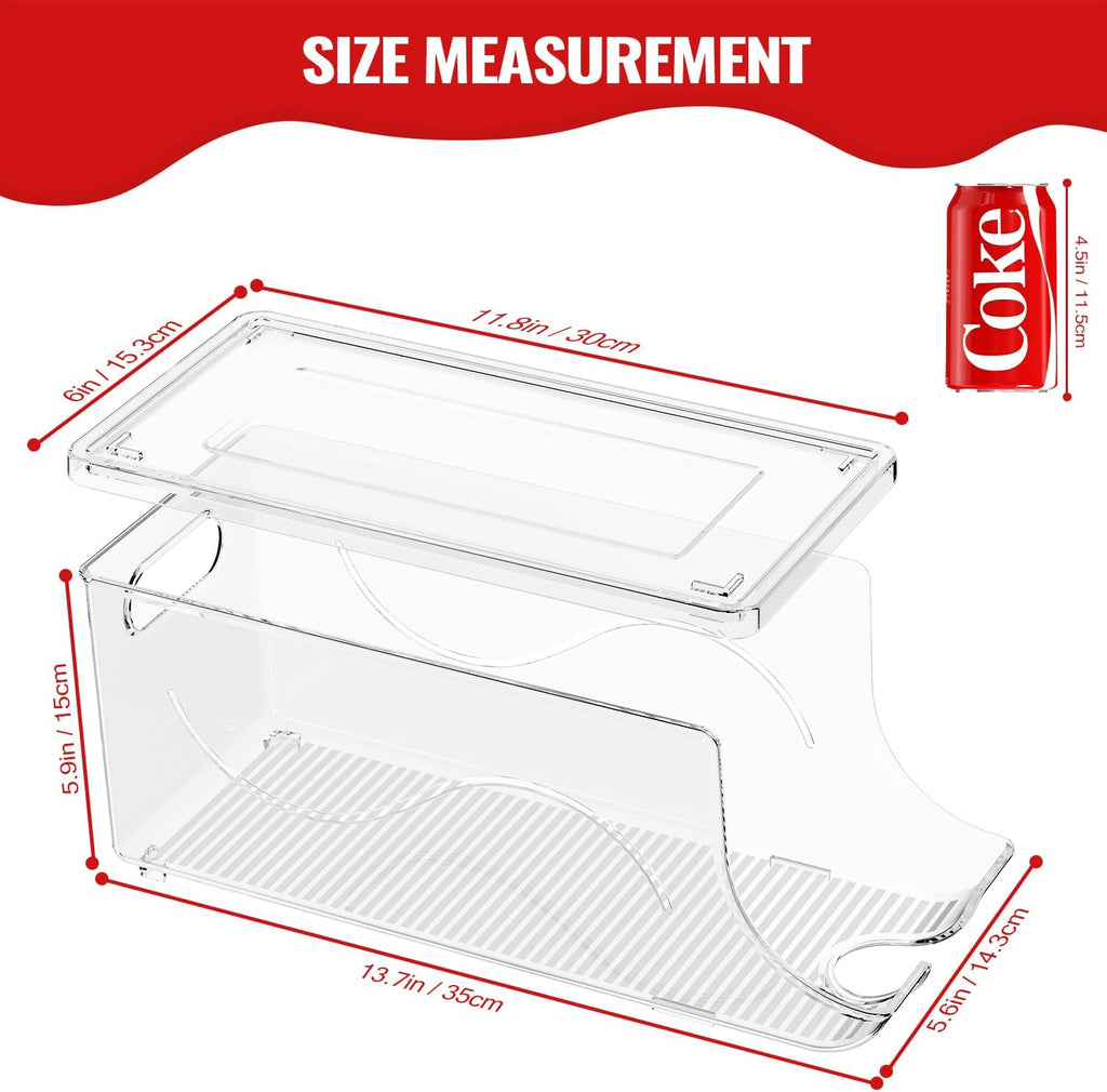 2 Pack Stackable Refrigerator Organizer, Soda Can Dispenser Pop Cans Container Beverage Holder with Lid for Fridge, Freezer, Kitchen, Clear Plastic Storage Bins-Holds 10 Cans Each