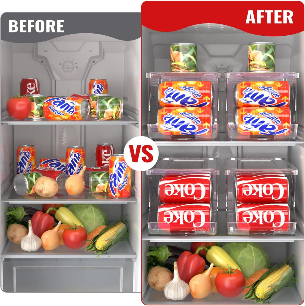 Stackable Refrigerator Organizer, Soda Can Dispenser Pop Cans Container Beverage Holder with Lid for Fridge, Freezer, Kitchen, Clear Plastic Storage Bins-Holds 10 Cans Each (One)
