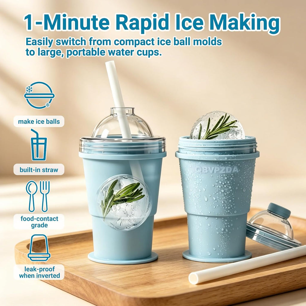 2-In-1 Collapsible Silicone Ice Ball Maker Cup Reusable Portable Foldable Ice Hockey with Straw & Lid Easy Demolding Leakproof for Juice Home Whiskey Iced Coffee Gym Travel Outdoor (Blue(1Pc))