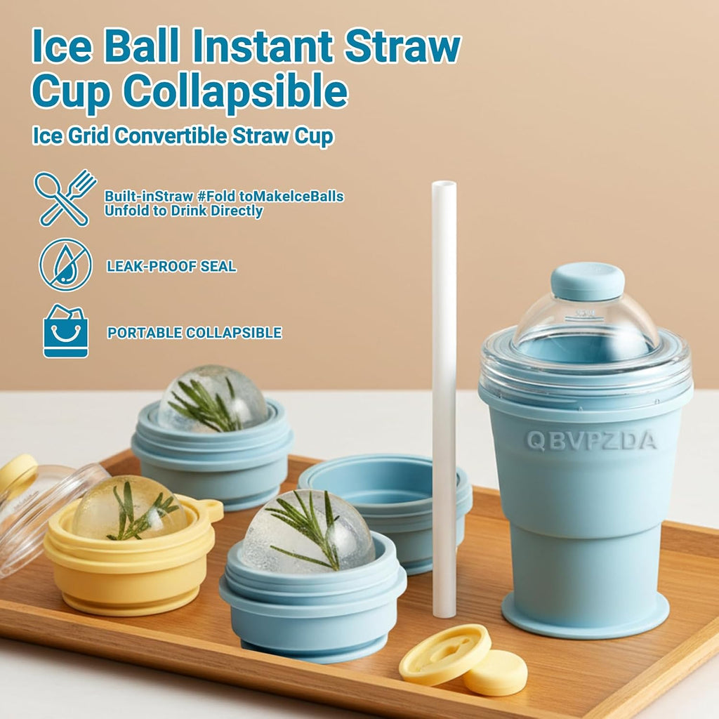 2-In-1 Collapsible Silicone Ice Ball Maker Cup Reusable Portable Foldable Ice Hockey with Straw & Lid Easy Demolding Leakproof for Juice Home Whiskey Iced Coffee Gym Travel Outdoor (Blue(1Pc))