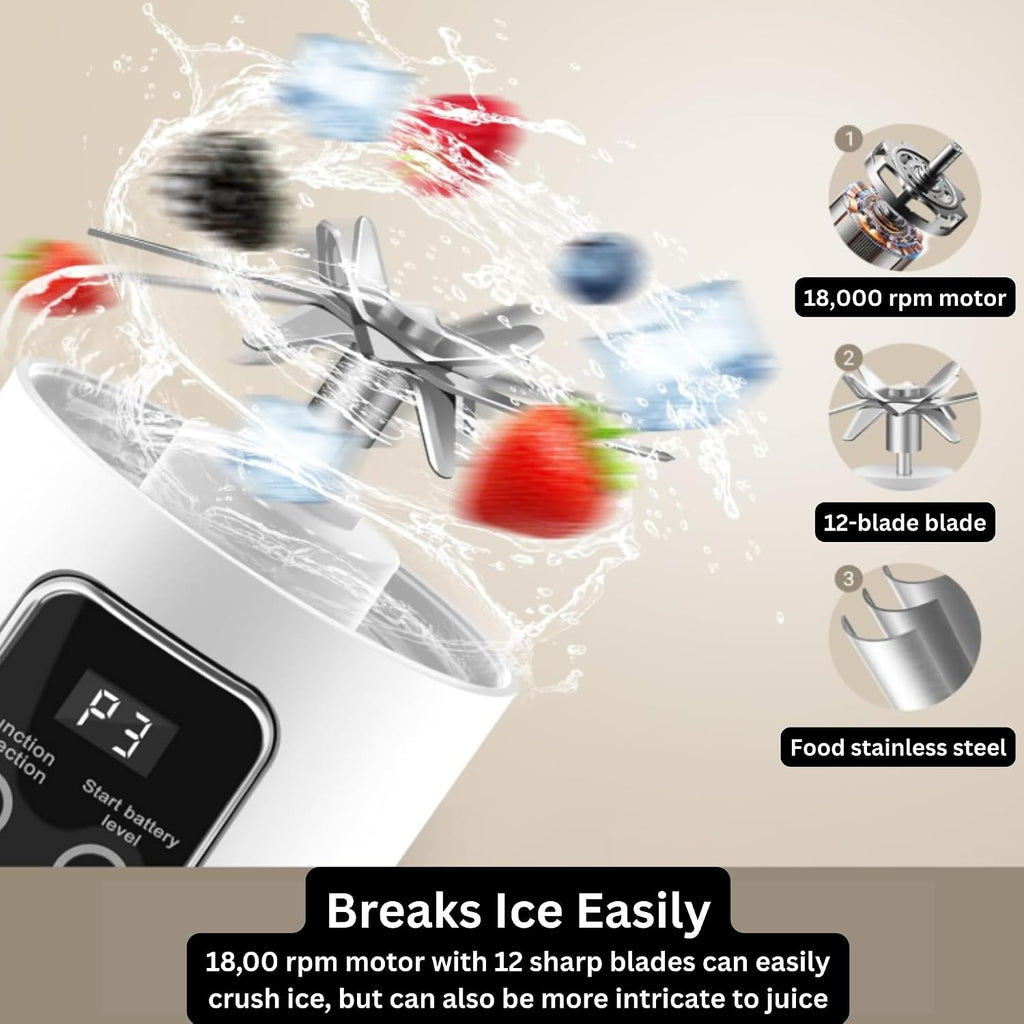 Portable Blender/Juicer, 12-Blade Cordless Smoothie Maker, 15.2Oz with Ice Crush Power, USB-C Rechargeable, Leakproof, Bpa-Free, Self-Cleaning for Shakes, Protein, Juices, Frozen Fruit (White, 3.7V)