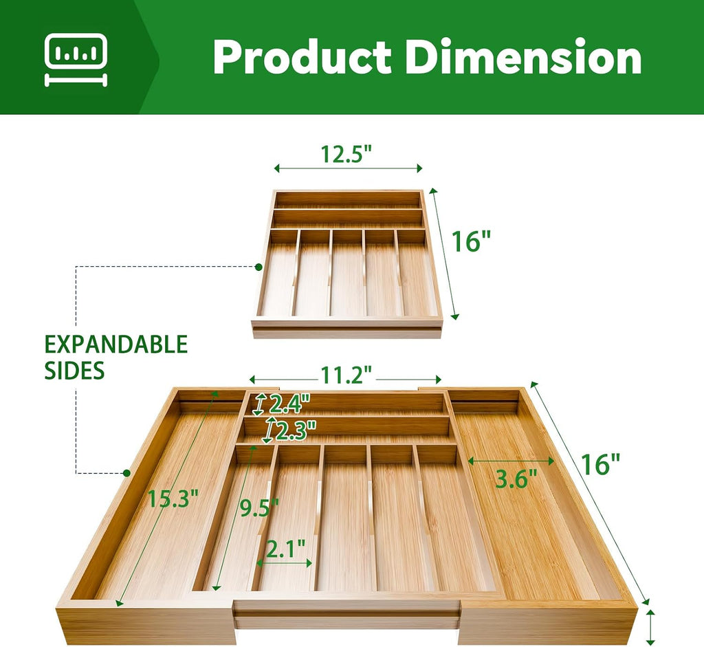 Bamboo Kitchen Drawer Organizer, Expandable Silverware Organizer, Utensil Cutlery Tray for Flatware, Natural