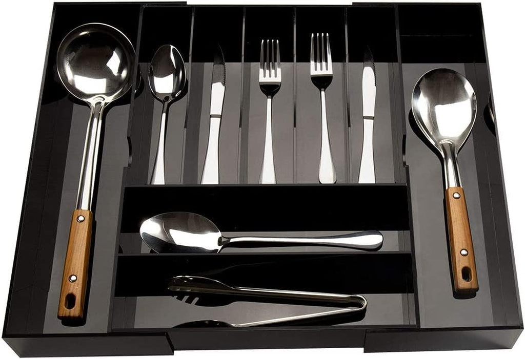Expandable Kitchen Drawer Organizer for Flatware and Utensils,Black Acrylic Adjustable Silverware Tray for Drawer,Office,Bathroom Supplies-9 Compartments