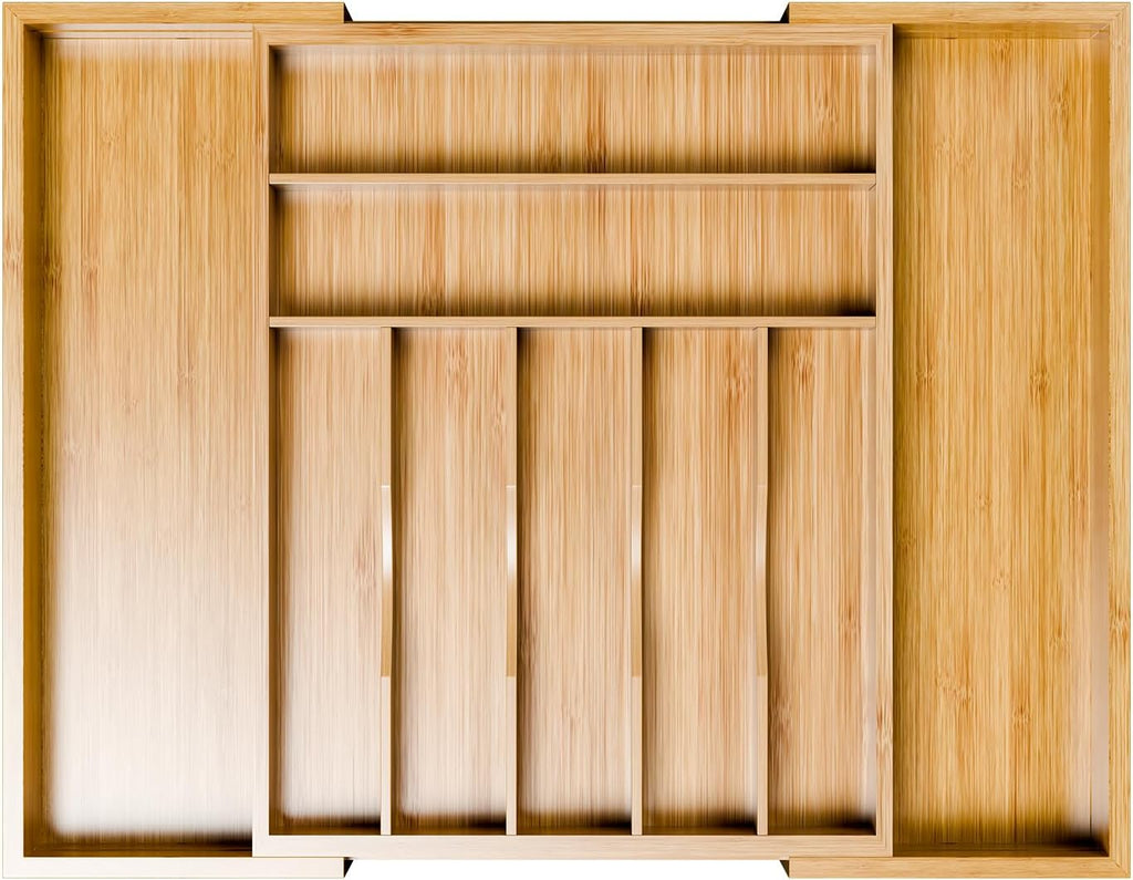 Bamboo Kitchen Drawer Organizer, Expandable Silverware Organizer, Utensil Cutlery Tray for Flatware, Natural