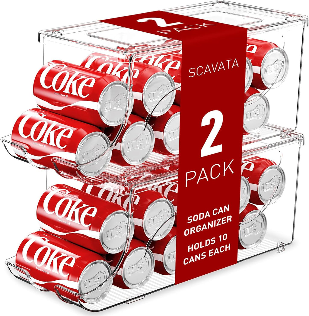 2 Pack Stackable Refrigerator Organizer, Soda Can Dispenser Pop Cans Container Beverage Holder with Lid for Fridge, Freezer, Kitchen, Clear Plastic Storage Bins-Holds 10 Cans Each