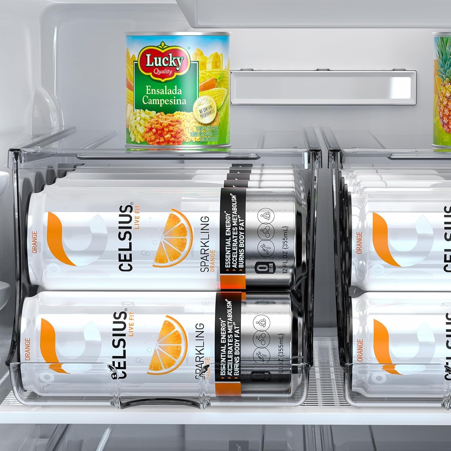 2 Pack Skinny Can Organizer for Refrigerator, Stackable Tall Skinny Soda Pop Can Holder Dispenser with Lid for Fridge Pantry Rack Freezer, Clear Plastic Storage Bins-Holds 12 Slim Cans Each