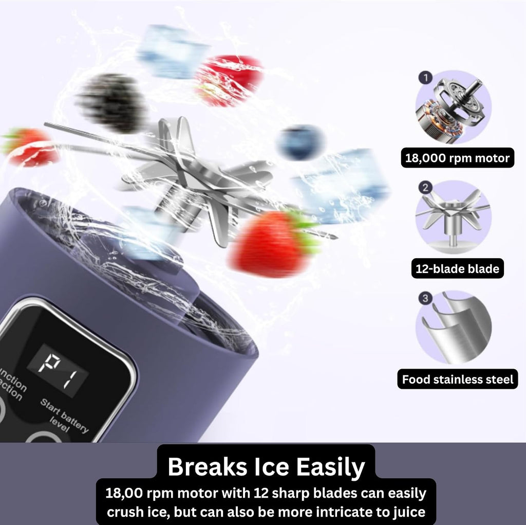 Portable Blender/Juicer, 12-Blade Cordless Smoothie Maker, 15.2Oz with Ice Crush Power, USB-C Rechargeable, Leakproof, Bpa-Free, Self-Cleaning for Shakes, Protein, Juices, Frozen Fruit (Purple, 3.7V)
